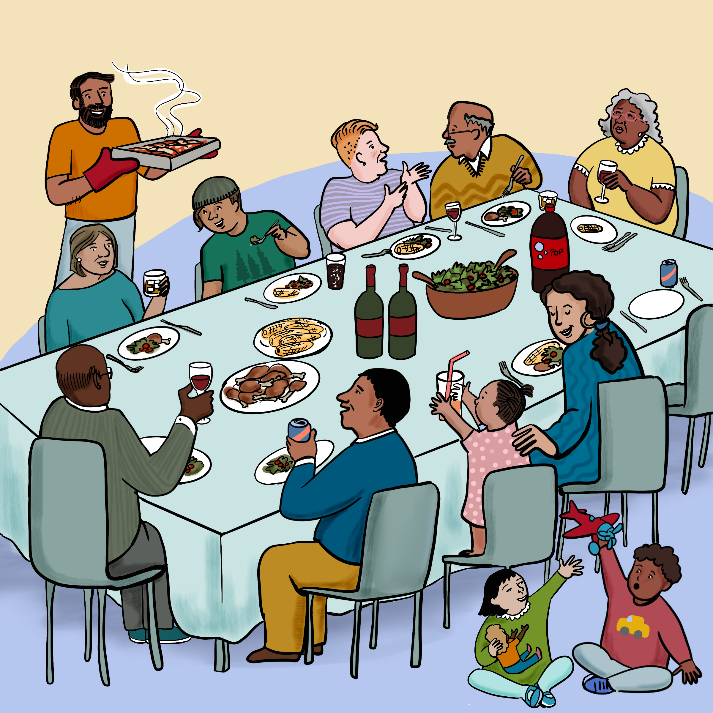 Image d’une famille réunie autour d’une table pour un repas où de l’alcool est servi, avec des enfants qui observent. 