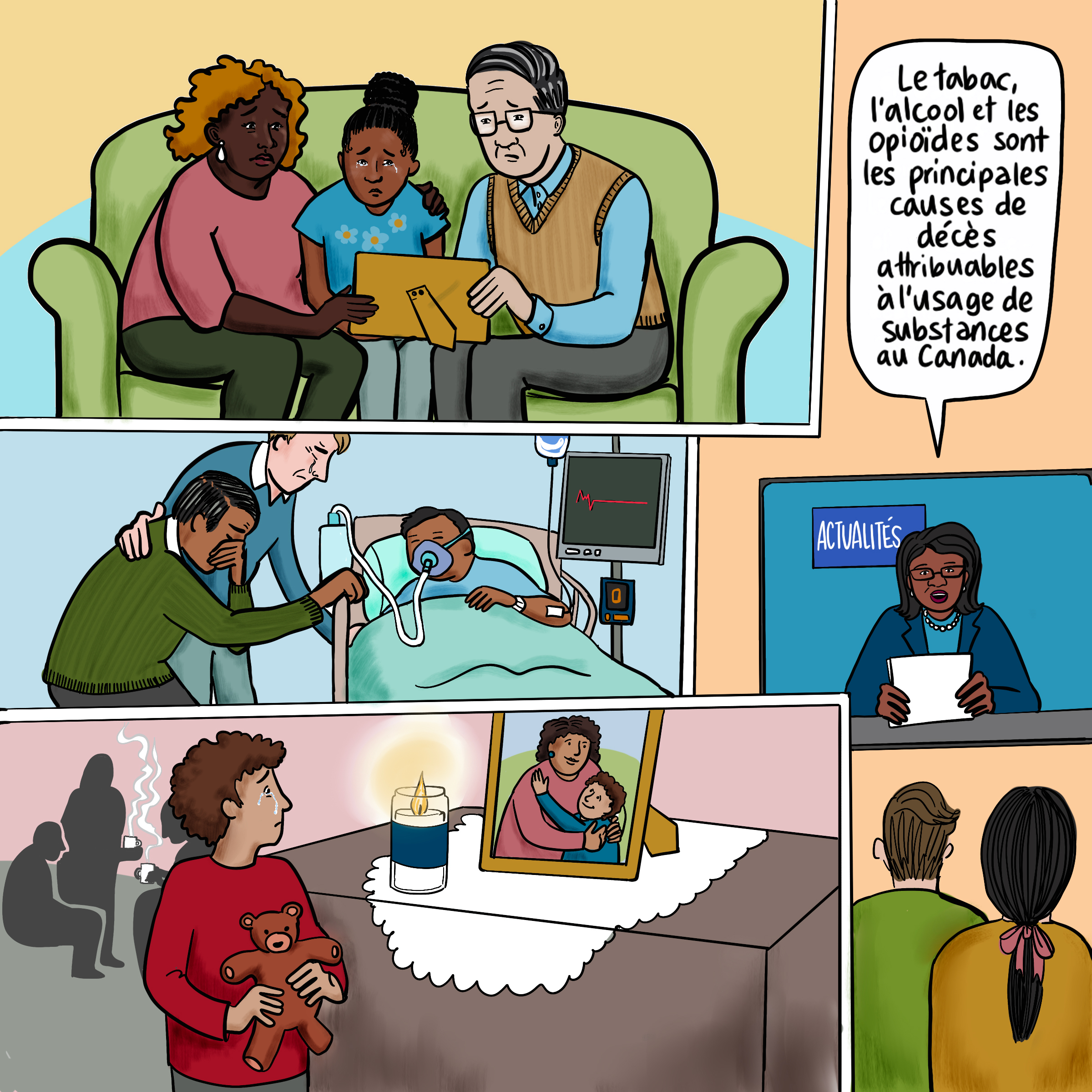 Scènes de familles en deuil d’un proche. Dans le coin supérieur droit, il y a une image d’une journaliste avec une bulle de texte qui dit : « Le tabac, l’alcool et les opioïdes sont les principales causes de décès attribuables à l’usage de substances au Canada. » 